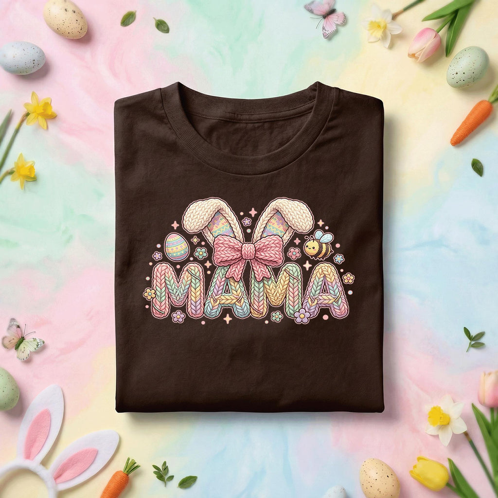 Pastel Mama Easter Bunny Shirt, Cute Spring Mom Graphic Tee, Knit Pattern Bunny Ears, Easter Egg & Bee Mother's Day Gift Top