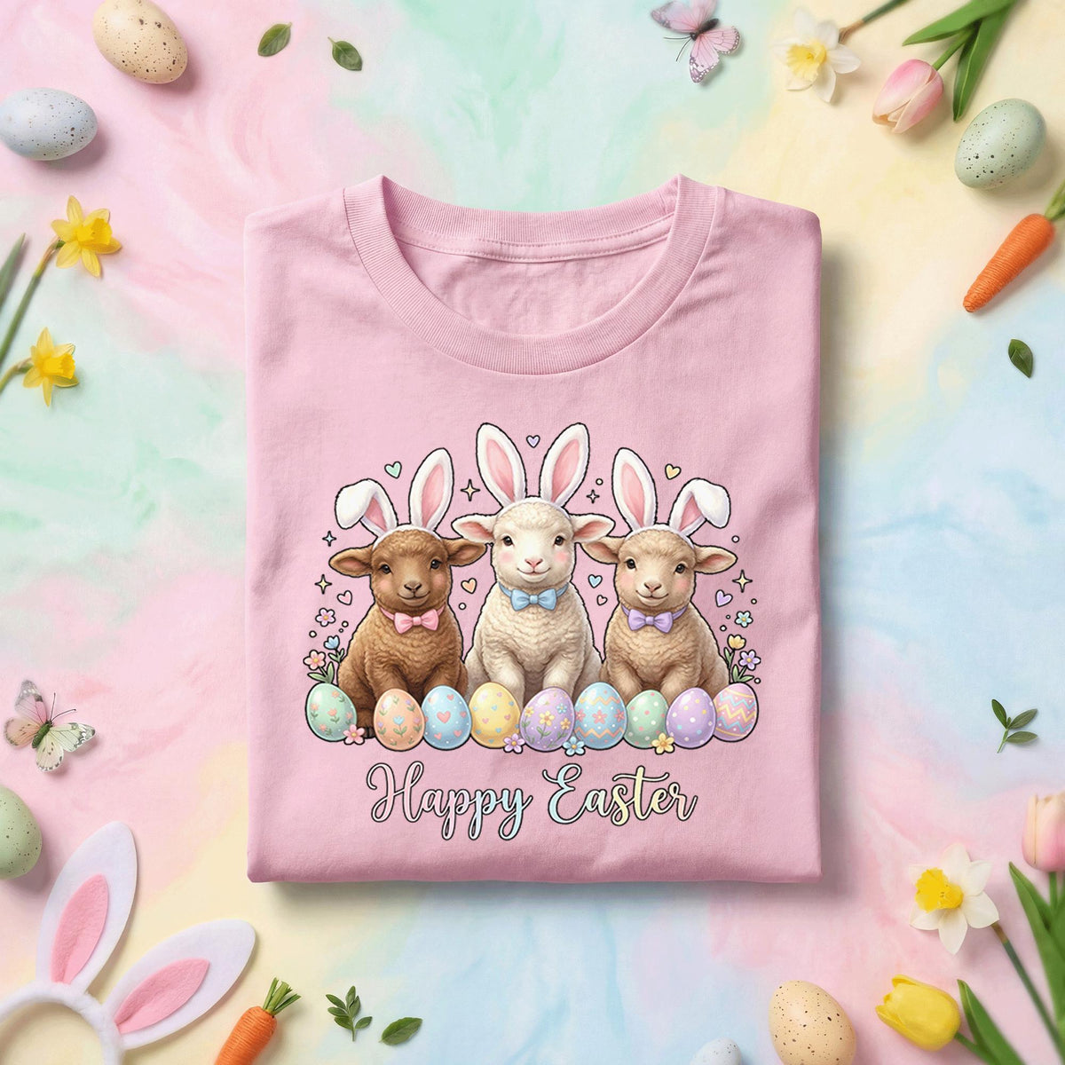 Happy Easter Lambs Shirt, Cute Bunny Ears Baby Sheep Easter Tee, Pastel Spring Holiday Easter Top