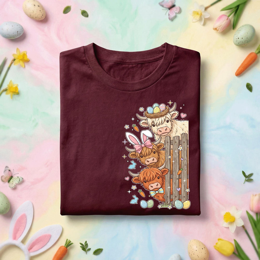 Easter Highland Cows Shirt Farmer, Cute Bunny Ears Cow Easter Tee, Pastel Spring Holiday Farm Animal Top