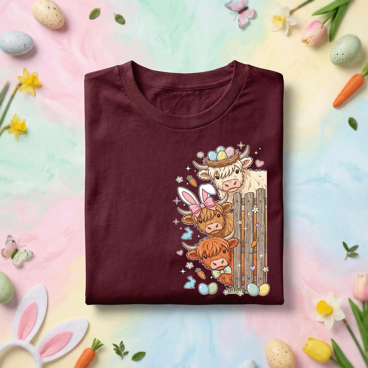 Easter Highland Cows Shirt Farmer, Cute Bunny Ears Cow Easter Tee, Pastel Spring Holiday Farm Animal Top