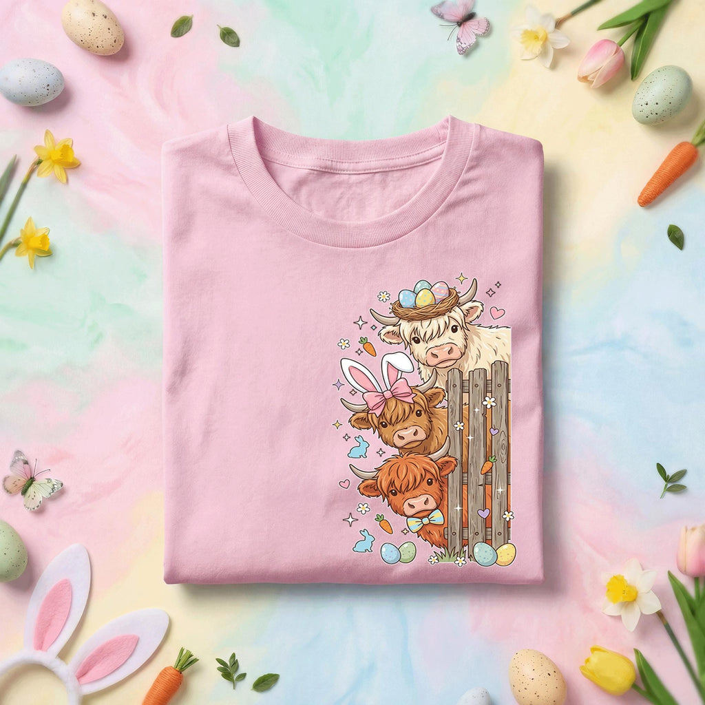 Easter Highland Cows Shirt Farmer, Cute Bunny Ears Cow Easter Tee, Pastel Spring Holiday Farm Animal Top
