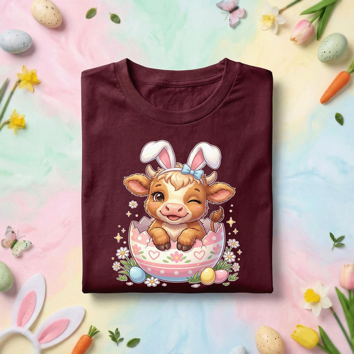 Easter Baby Cow Shirt, Cute Bunny Ears Calf in Egg Easter Tee, Pastel Spring Holiday Animal Top