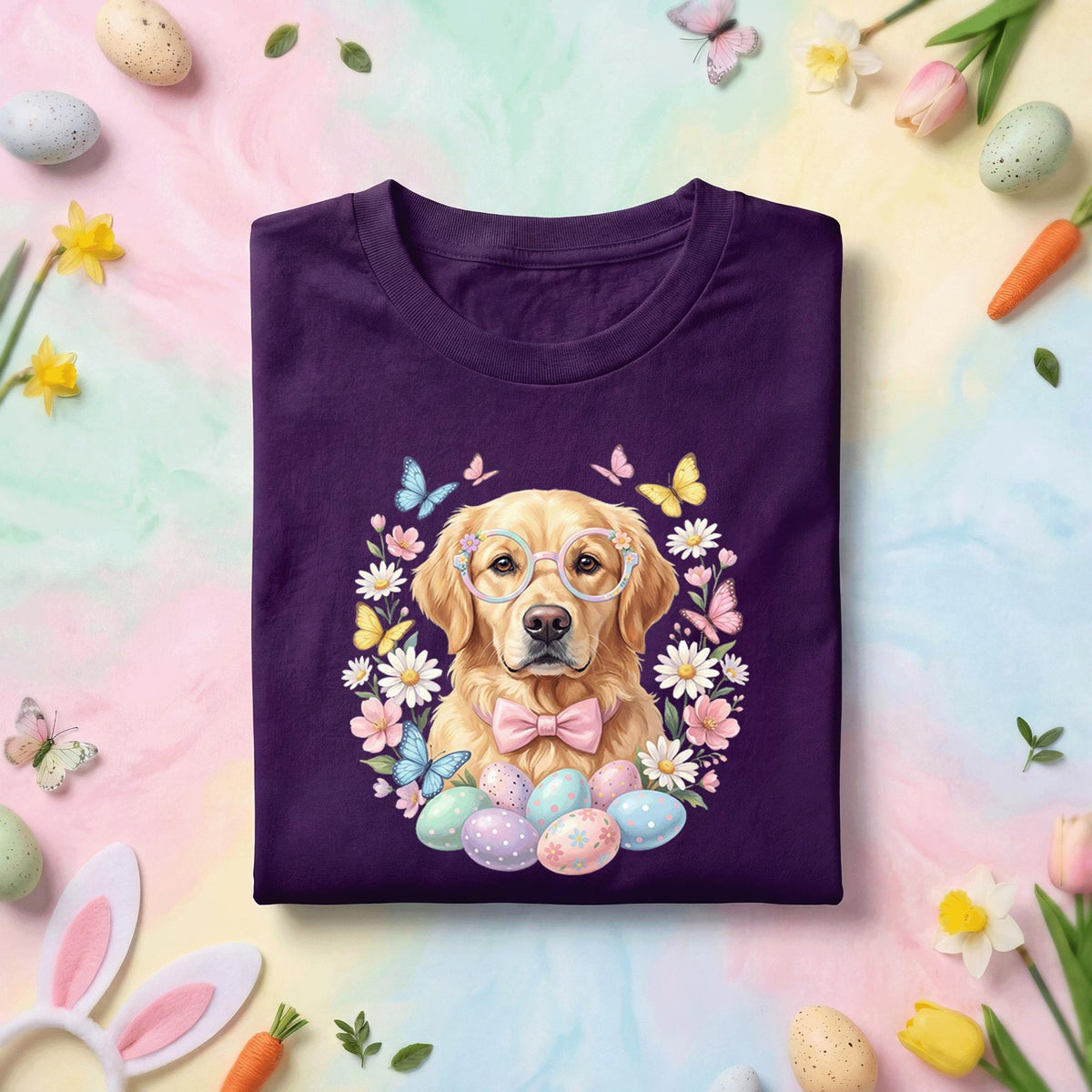 Easter Golden Retriever Shirt, Cute Spring Dog Easter Tee, Pastel Flowers and Eggs Holiday Top