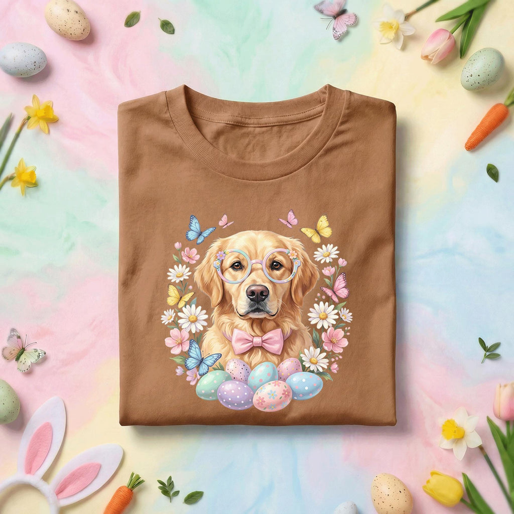 Easter Golden Retriever Shirt, Cute Spring Dog Easter Tee, Pastel Flowers and Eggs Holiday Top