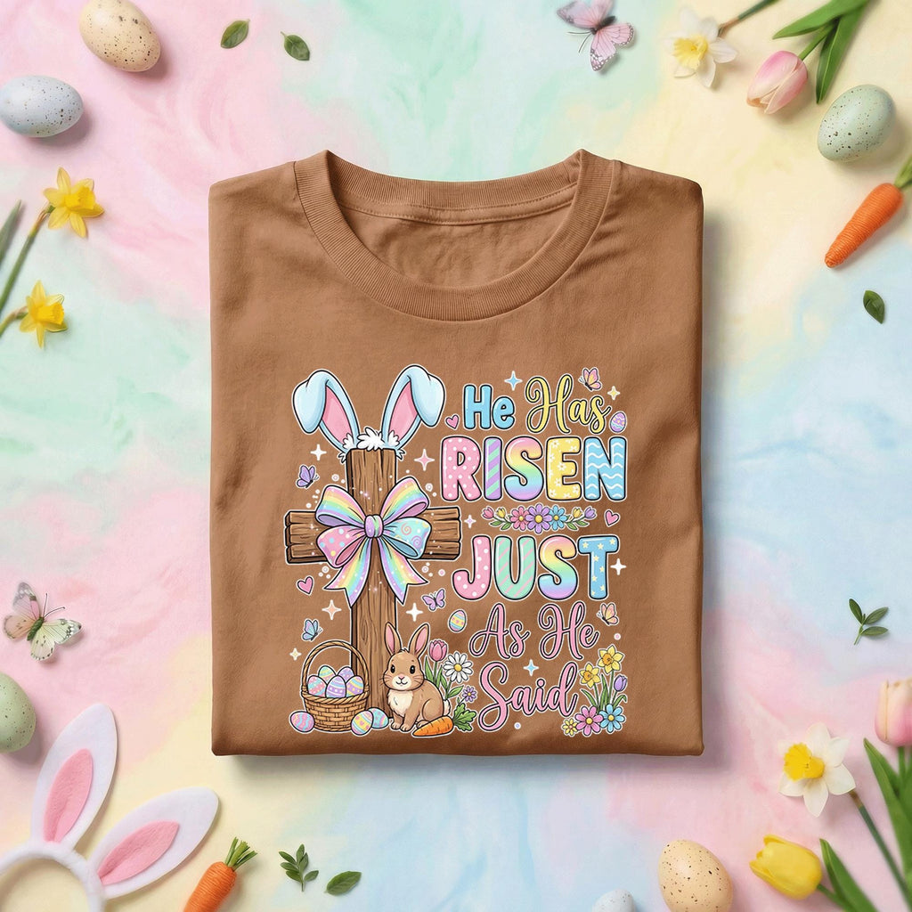 He Has Risen Just As He Said Easter Shirt with Cross, Bunny, Flowers and Bible Inspired Spring Tee