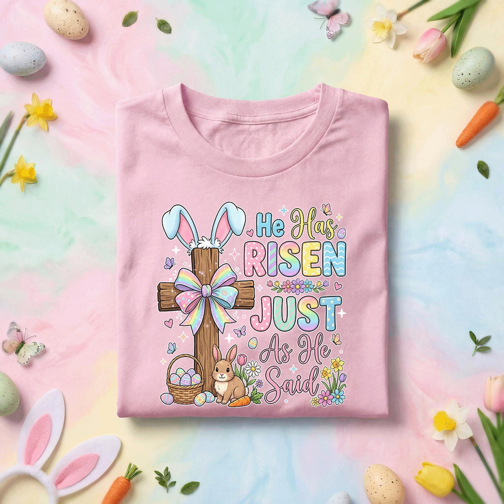 He Has Risen Just As He Said Easter Shirt with Cross, Bunny, Flowers and Bible Inspired Spring Tee