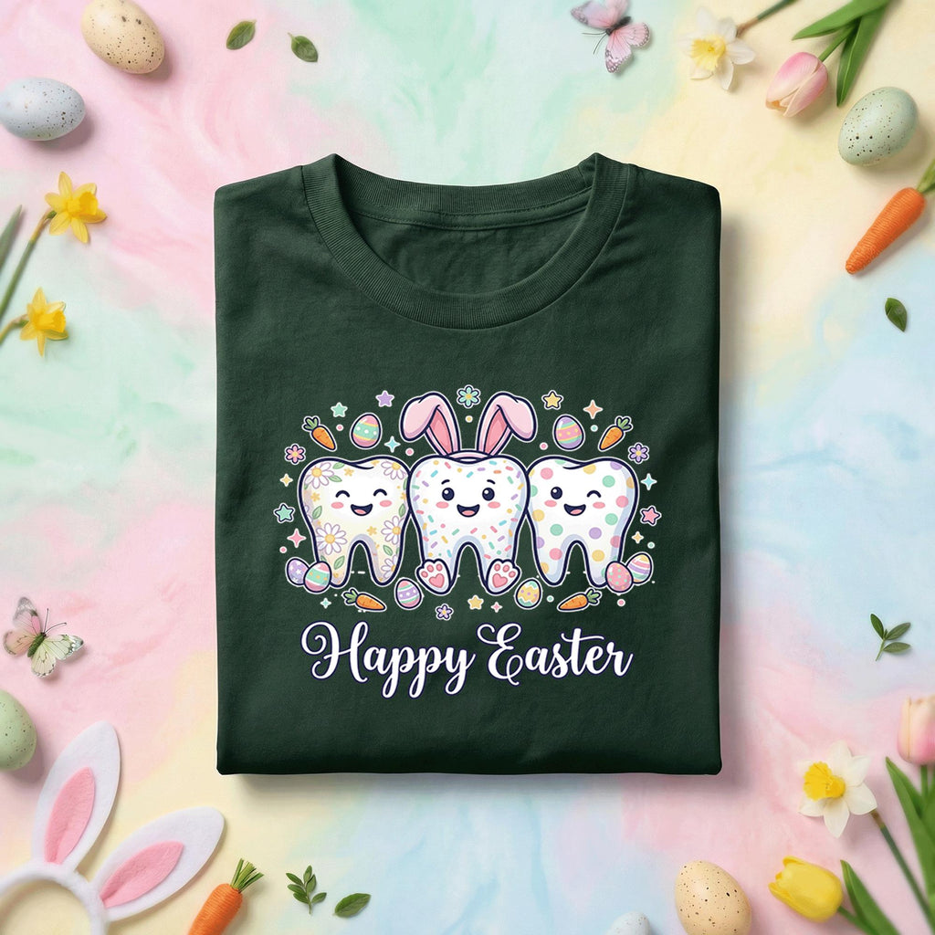 Happy Easter Dentist Shirt with Cute Cartoon Teeth, Bunny Ears, Dental Easter Eggs and Carrots for Kids and Adults