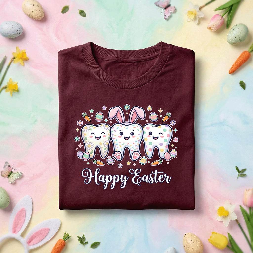 Happy Easter Dentist Shirt with Cute Cartoon Teeth, Bunny Ears, Dental Easter Eggs and Carrots for Kids and Adults