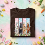 Easter Horse Shirt with Four Horses Wearing Bunny Ears, Floral Garland and Easter Eggs for Kids and Adults
