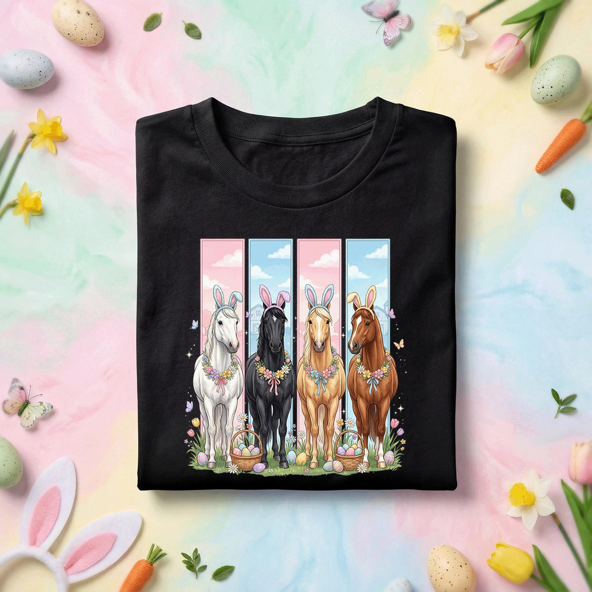 Easter Horse Shirt with Four Horses Wearing Bunny Ears, Floral Garland and Easter Eggs for Kids and Adults