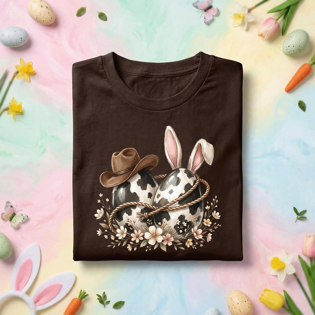 Western Easter Bunny Cow Print Eggs Shirt, Cowgirl Easter Tee with Cowboy Hat Bunny Ears, Rustic Country Spring Holiday Easter T-Shirt