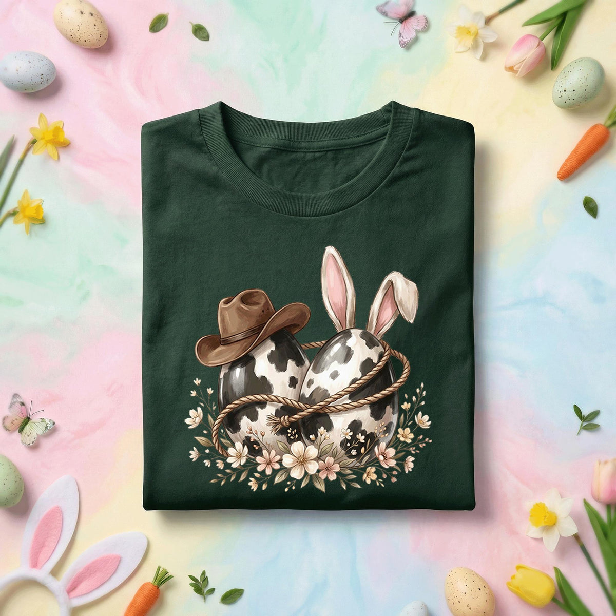 Western Easter Bunny Cow Print Eggs Shirt, Cowgirl Easter Tee with Cowboy Hat Bunny Ears, Rustic Country Spring Holiday Easter T-Shirt