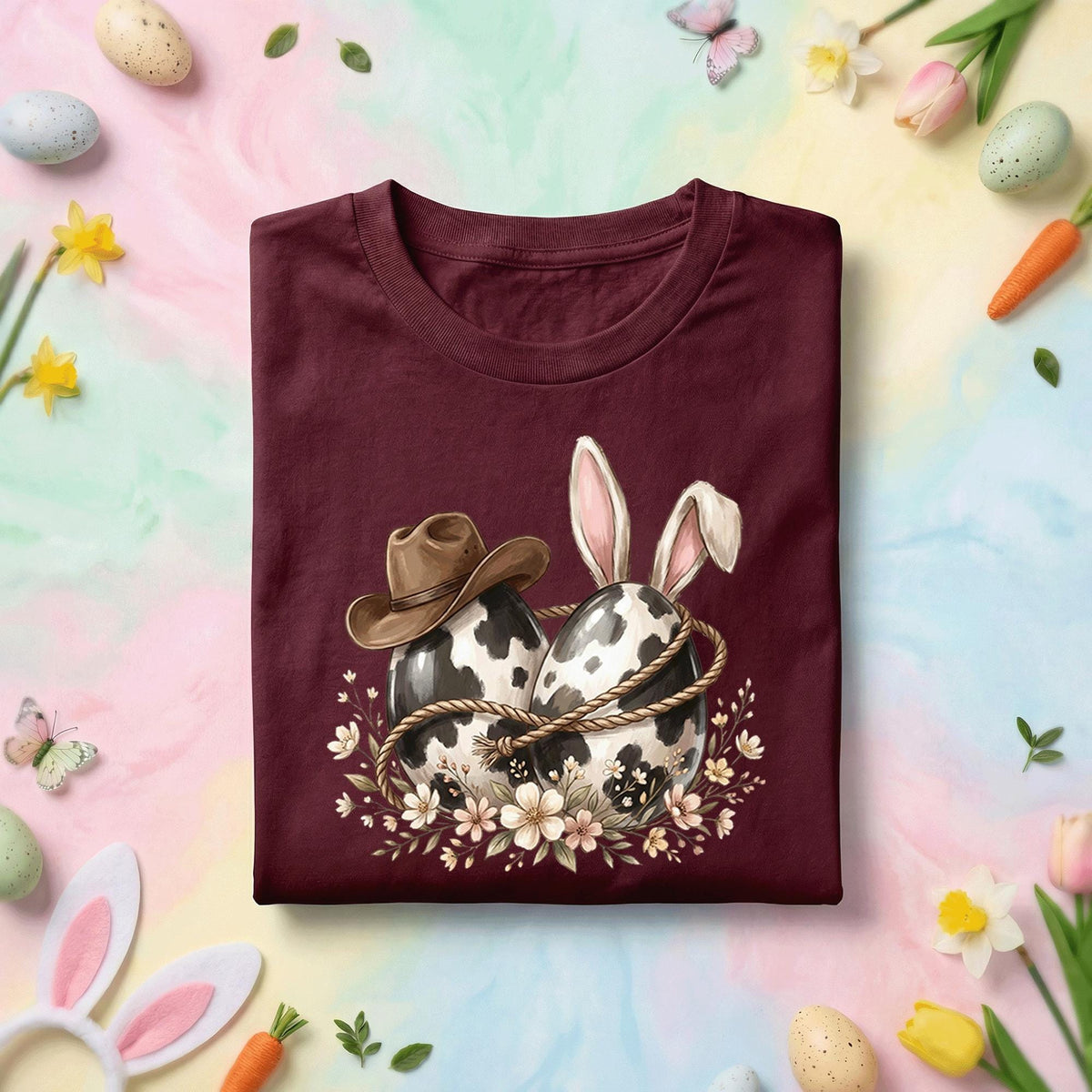 Western Easter Bunny Cow Print Eggs Shirt, Cowgirl Easter Tee with Cowboy Hat Bunny Ears, Rustic Country Spring Holiday Easter T-Shirt