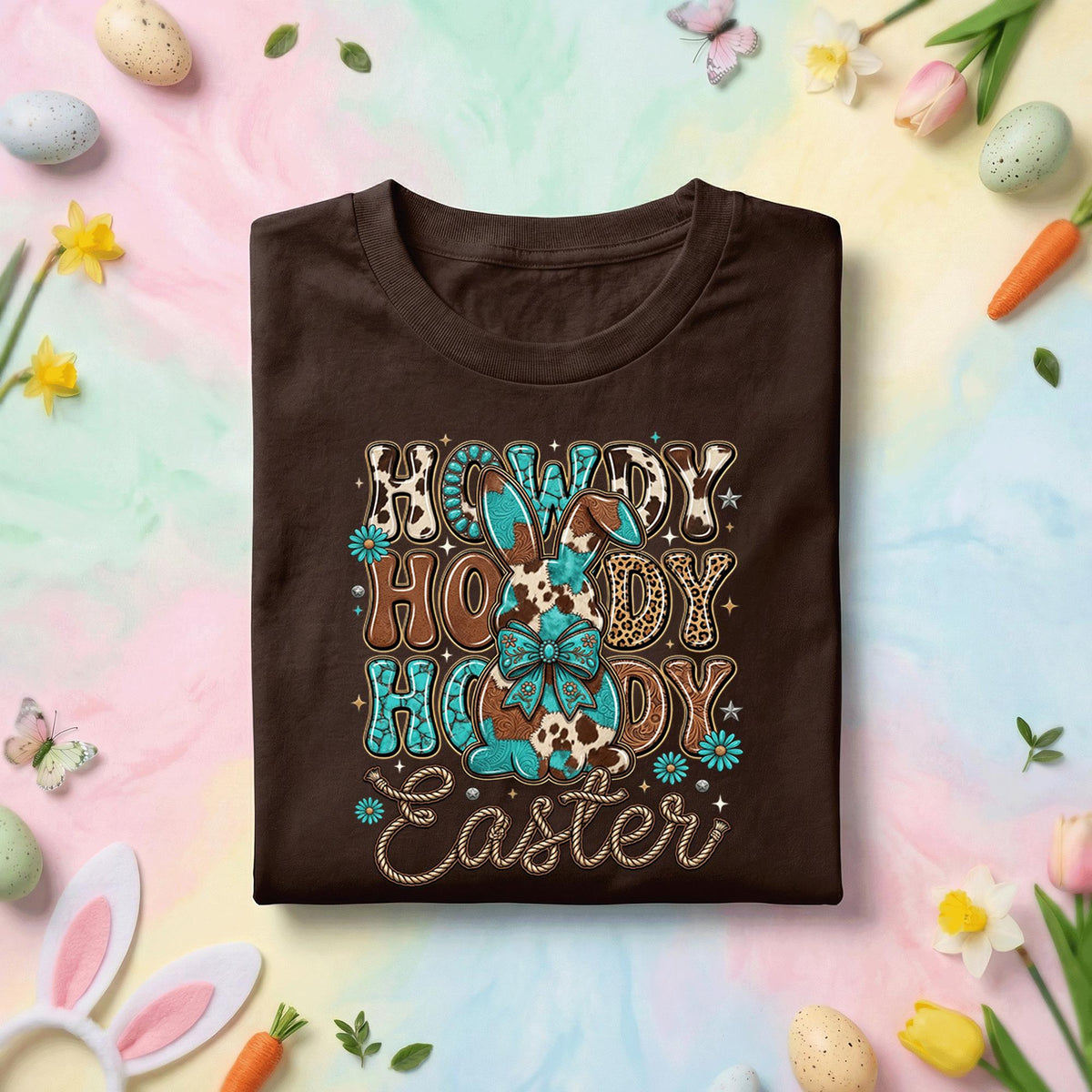 Howdy Easter Bunny Shirt, Cowgirl Howdy Easter Tee, Easter Bunny with Floral Details, Rustic Western Easter Top