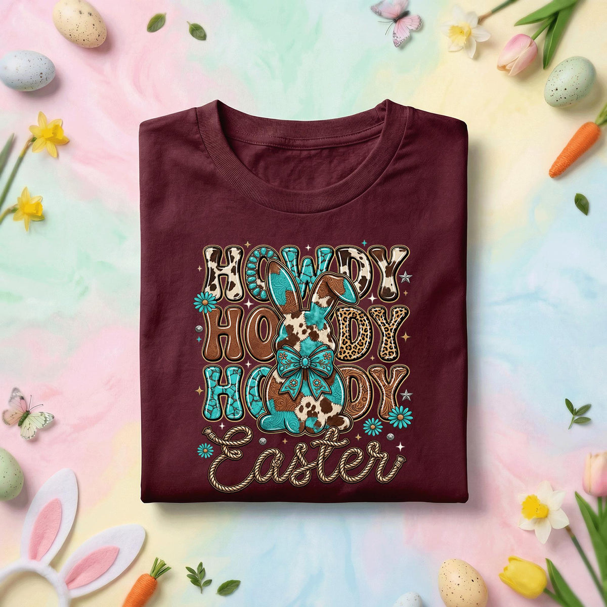 Howdy Easter Bunny Shirt, Cowgirl Howdy Easter Tee, Easter Bunny with Floral Details, Rustic Western Easter Top