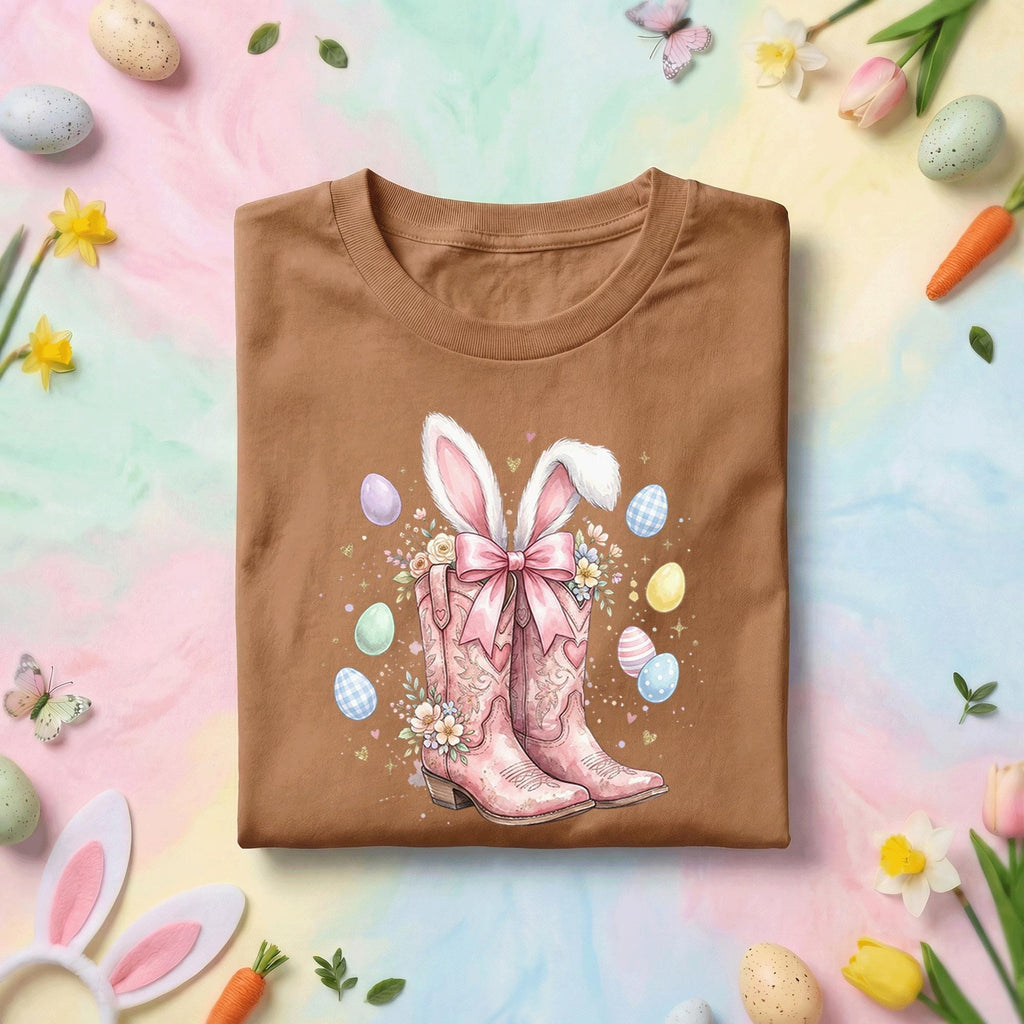 Pink Cowgirl Boots Easter Bunny Shirt, Western Bunny Ears Cowgirl Tee, Floral Easter Boots with Eggs, Spring Holiday T-shirt