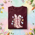 Pink Cowgirl Boots Easter Bunny Shirt, Western Bunny Ears Cowgirl Tee, Floral Easter Boots with Eggs, Spring Holiday T-shirt