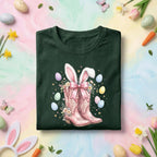 Pink Cowgirl Boots Easter Bunny Shirt, Western Bunny Ears Cowgirl Tee, Floral Easter Boots with Eggs, Spring Holiday T-shirt