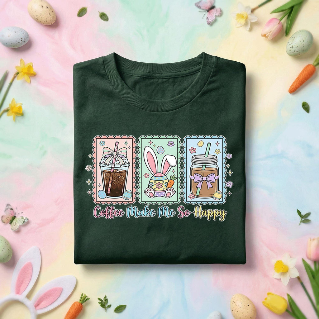 Coffee Makes Me So Happy Shirt, Spring Easter Bunny and Coffee Easter Tee, Cute Coffee & Bunny Design, Pastel Easter Shirt