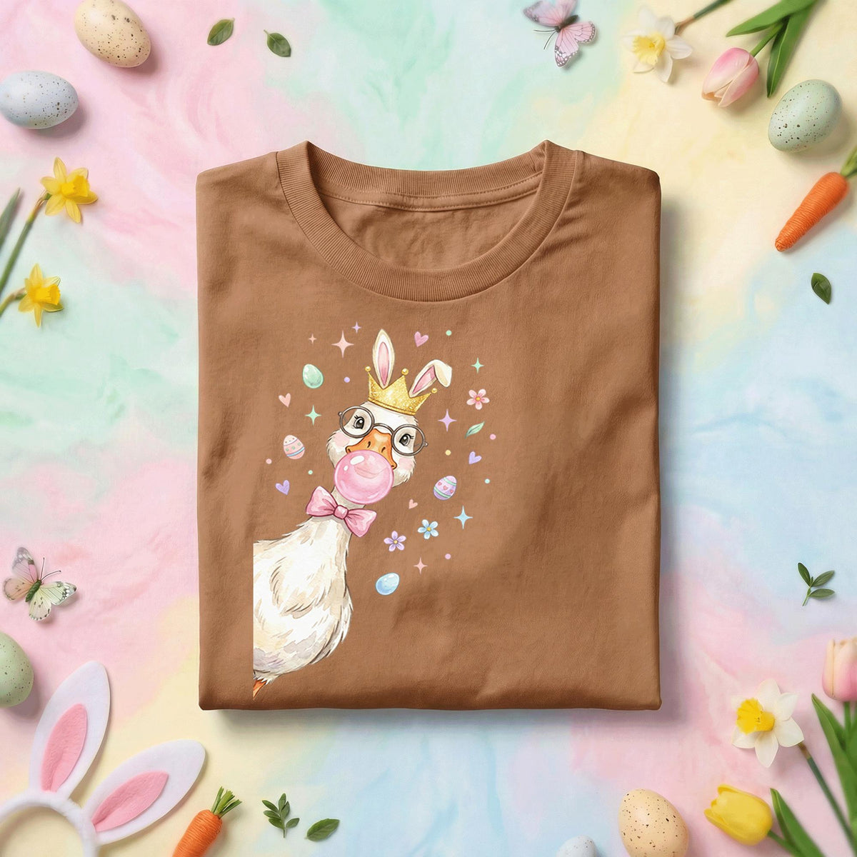 Goose Easter Queen Duck Shirt, Cute Bunny Ears & Crown Goose Easter Tee, Fun Spring Chick with Glasses and Bubble, Pastel Easter Shirt