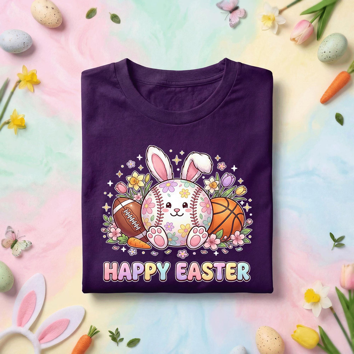 Happy Easter Sports Bunny Shirt, Cute Bunny with Baseball, Football, and Basketball, Fun Spring Easter Tee