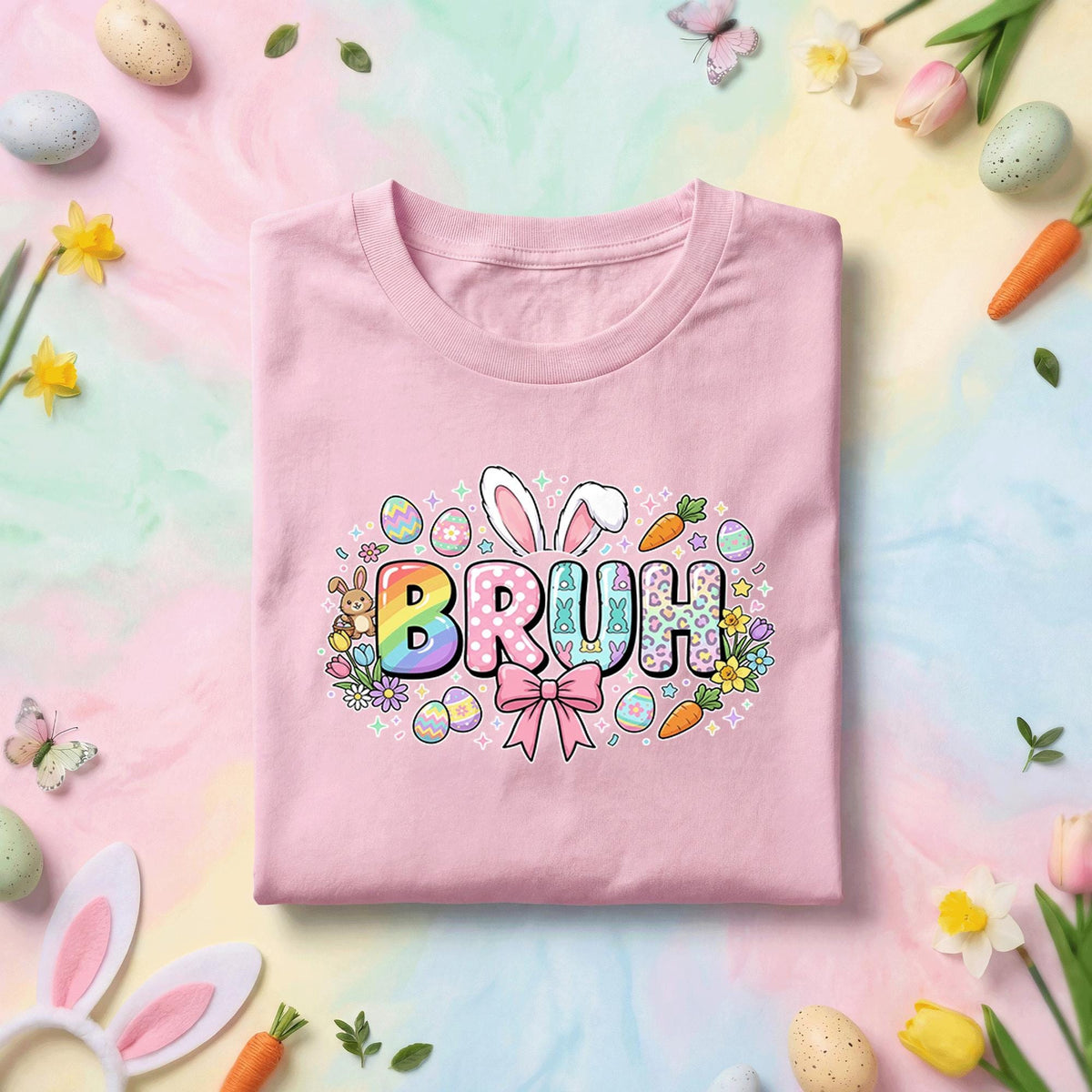 Bruh Easter Bunny Shirt Youth Boys Kids Men, Funny Easter Tee, Rainbow “Bruh” with Bunny Ears and Easter Eggs, Cute Spring Shirt
