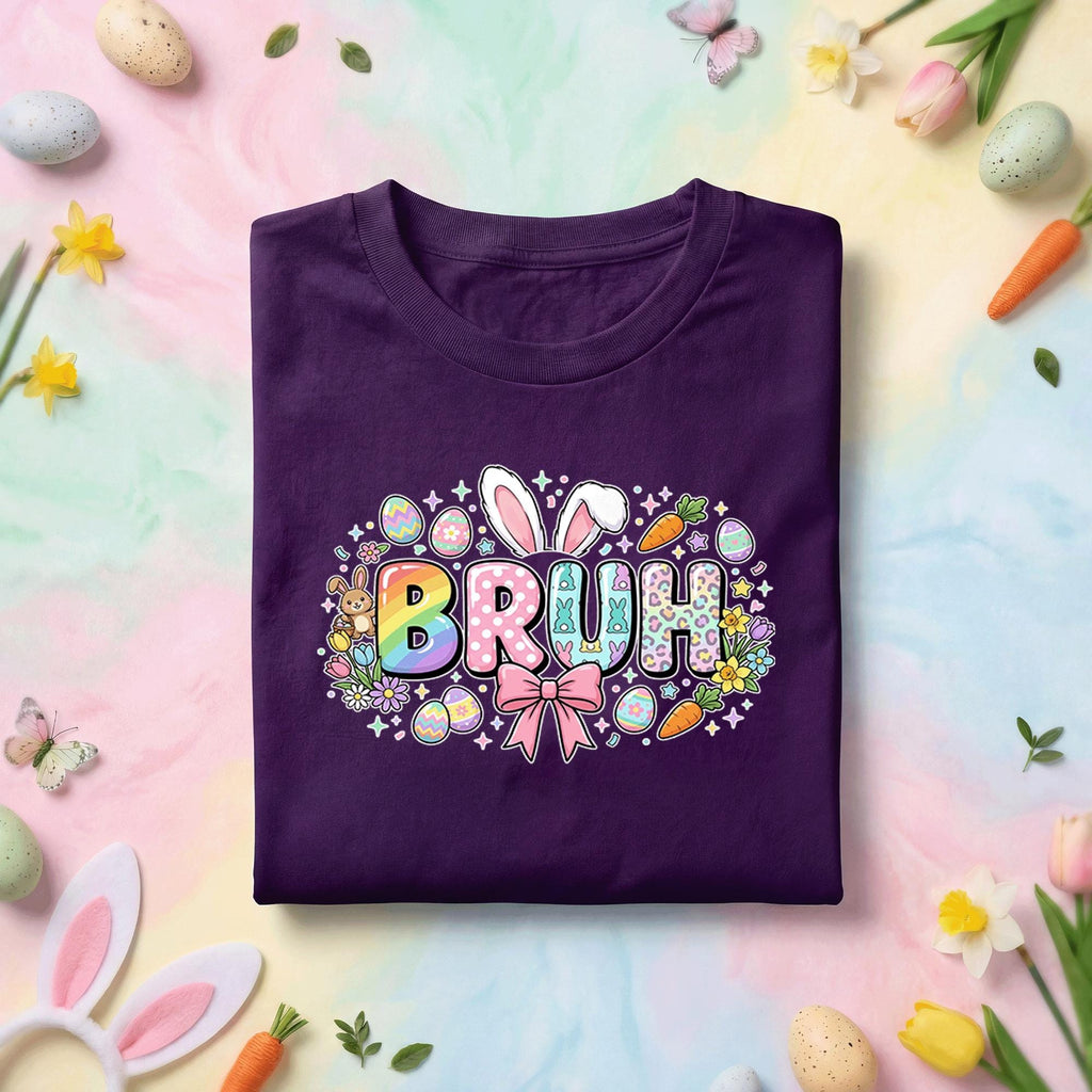 Bruh Easter Bunny Shirt Youth Boys Kids Men, Funny Easter Tee, Rainbow “Bruh” with Bunny Ears and Easter Eggs, Cute Spring Shirt