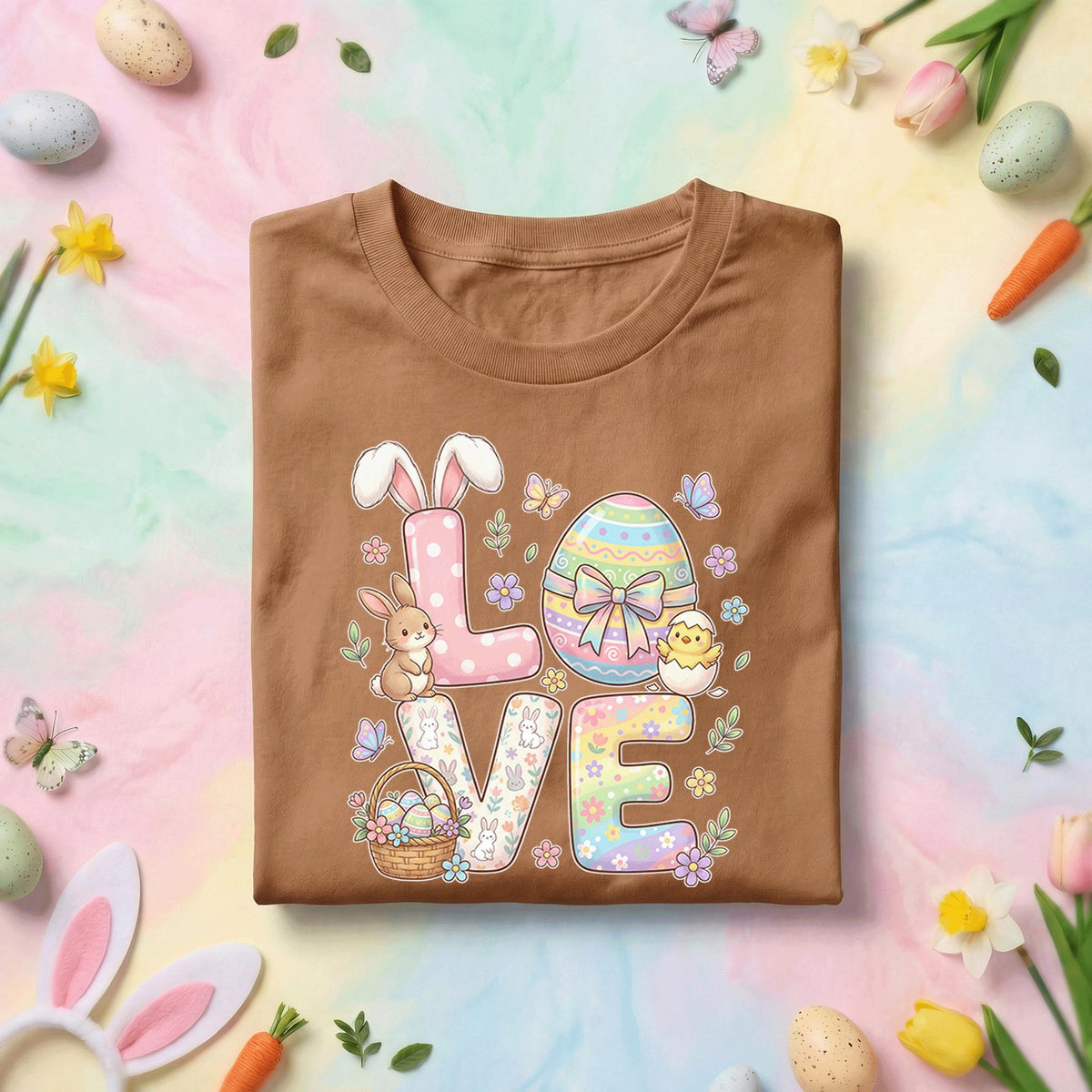 LOVE Easter Bunny and Egg Shirt, Cute Spring Bunny and Chick Tee, Pastel Holiday Easter Basket Shirt for Kids and Adults