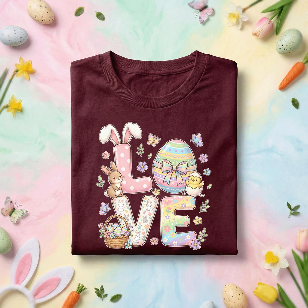 LOVE Easter Bunny and Egg Shirt, Cute Spring Bunny and Chick Tee, Pastel Holiday Easter Basket Shirt for Kids and Adults