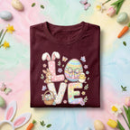 LOVE Easter Bunny and Egg Shirt, Cute Spring Bunny and Chick Tee, Pastel Holiday Easter Basket Shirt for Kids and Adults