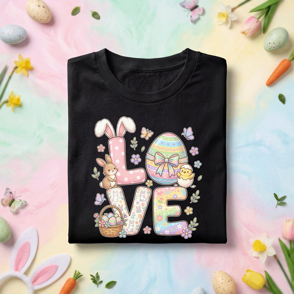 LOVE Easter Bunny and Egg Shirt, Cute Spring Bunny and Chick Tee, Pastel Holiday Easter Basket Shirt for Kids and Adults