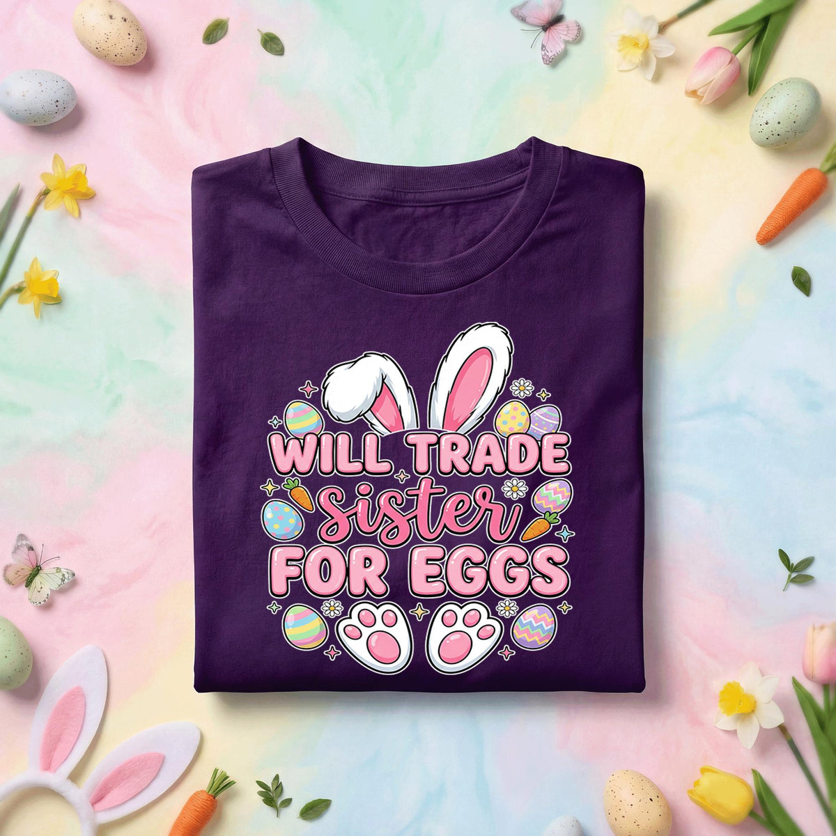 Will Trade Sister for Eggs Shirt Family, Funny Easter Sister Tee, Cute Bunny Ears and Eggs Kids Spring Holiday Shirt