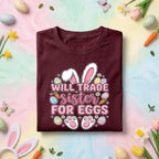 Will Trade Sister for Eggs Shirt Family, Funny Easter Sister Tee, Cute Bunny Ears and Eggs Kids Spring Holiday Shirt