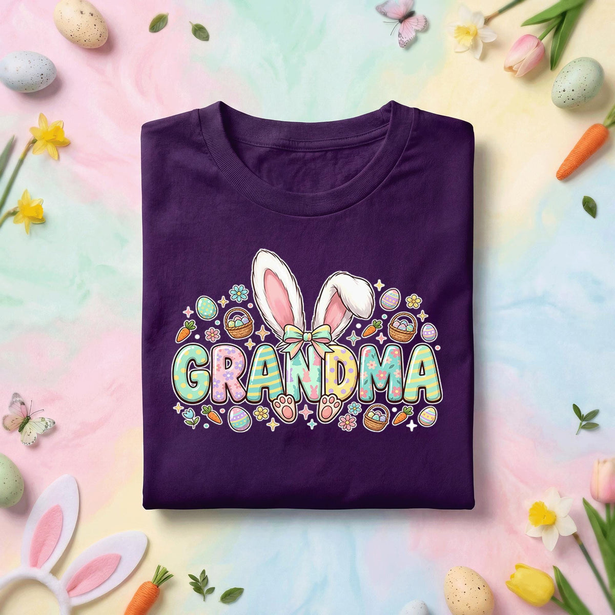 Grandma Easter Bunny Shirt, Cute Spring Holiday Tee, Pastel Easter Eggs and Bunny Ears Grandma Gift Shirt