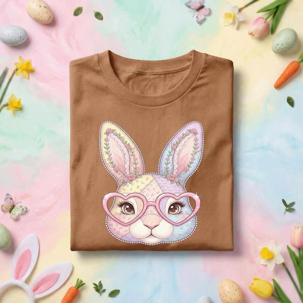 Cute Bunny Face Easter Shirt Women Girls, Pastel Patchwork Bunny with Heart Glasses Easter Tee, Kids and Adults Spring Holiday Shirt