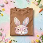 Cute Bunny Face Easter Shirt Women Girls, Pastel Patchwork Bunny with Heart Glasses Easter Tee, Kids and Adults Spring Holiday Shirt
