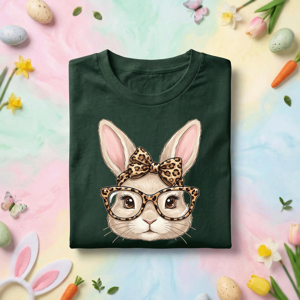 Cute Bunny Face Easter Shirt Women Girls, Leopard Print Glasses and Bow Easter Tee, Kids and Adults Spring Holiday Shirt