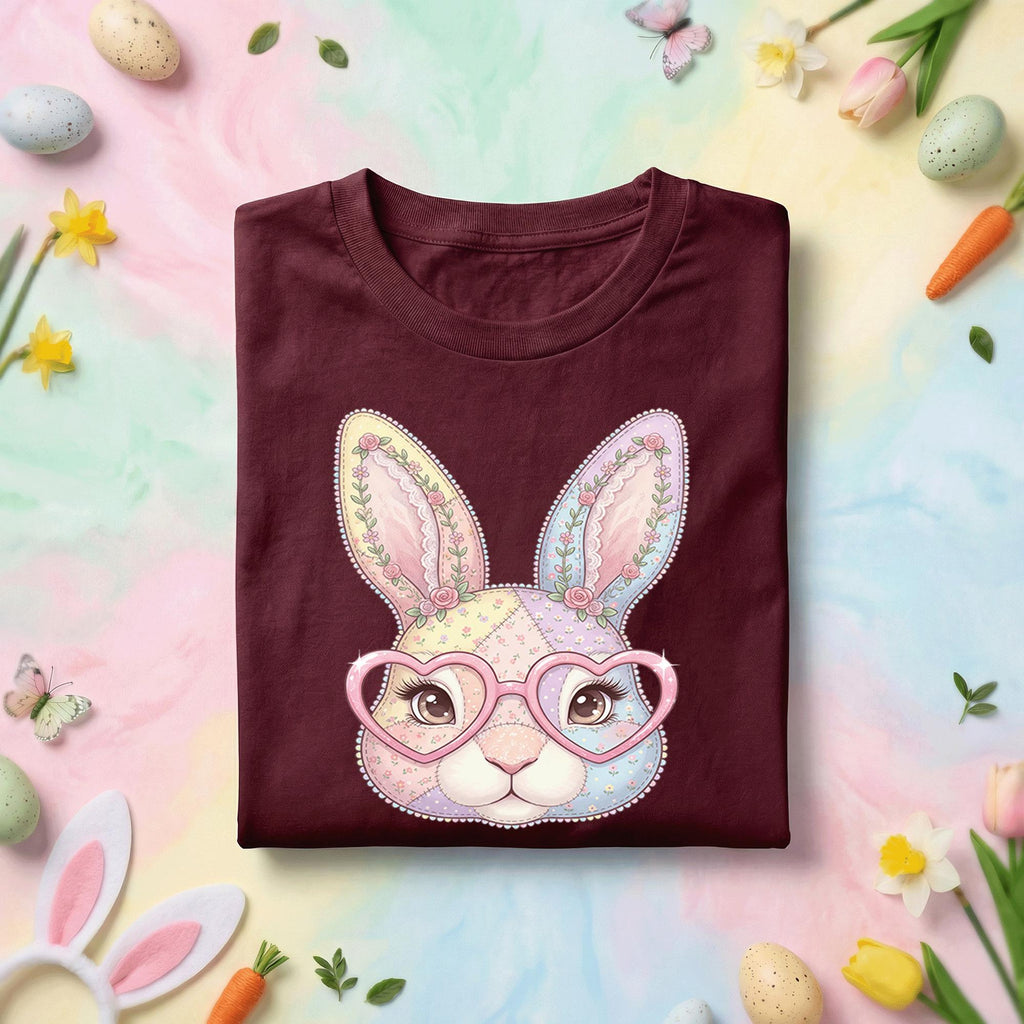 Cute Bunny Face Easter Shirt Women Girls, Pastel Patchwork Bunny with Heart Glasses Easter Tee, Kids and Adults Spring Holiday Shirt