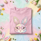 Cute Bunny Face Easter Shirt Women Girls, Pastel Patchwork Bunny with Heart Glasses Easter Tee, Kids and Adults Spring Holiday Shirt