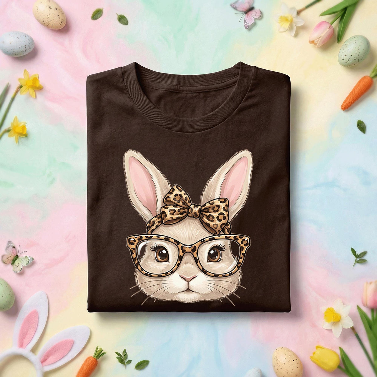 Cute Bunny Face Easter Shirt Women Girls, Leopard Print Glasses and Bow Easter Tee