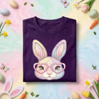 Cute Bunny Face Easter Shirt Women Girls, Pastel Patchwork Bunny with Heart Glasses Easter Tee, Kids and Adults Spring Holiday Shirt