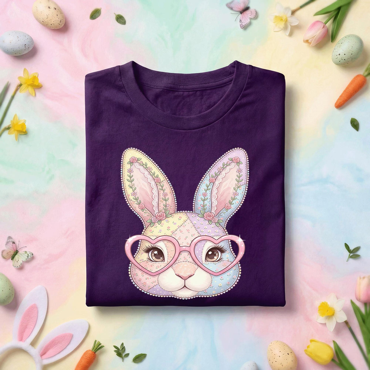 Cute Bunny Face Easter Shirt Women Girls, Pastel Patchwork Bunny with Heart Glasses Easter Tee, Kids and Adults Spring Holiday Shirt
