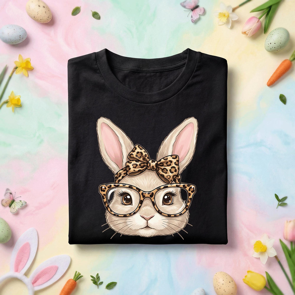 Cute Bunny Face Easter Shirt Women Girls, Leopard Print Glasses and Bow Easter Tee, Kids and Adults Spring Holiday Shirt