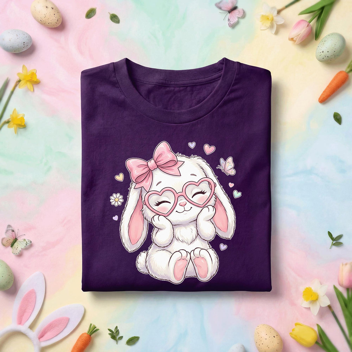 Cute Easter Bunny Shirt Women Girls, Pink Bow & Heart Glasses Bunny Tee for Kids snd Adults