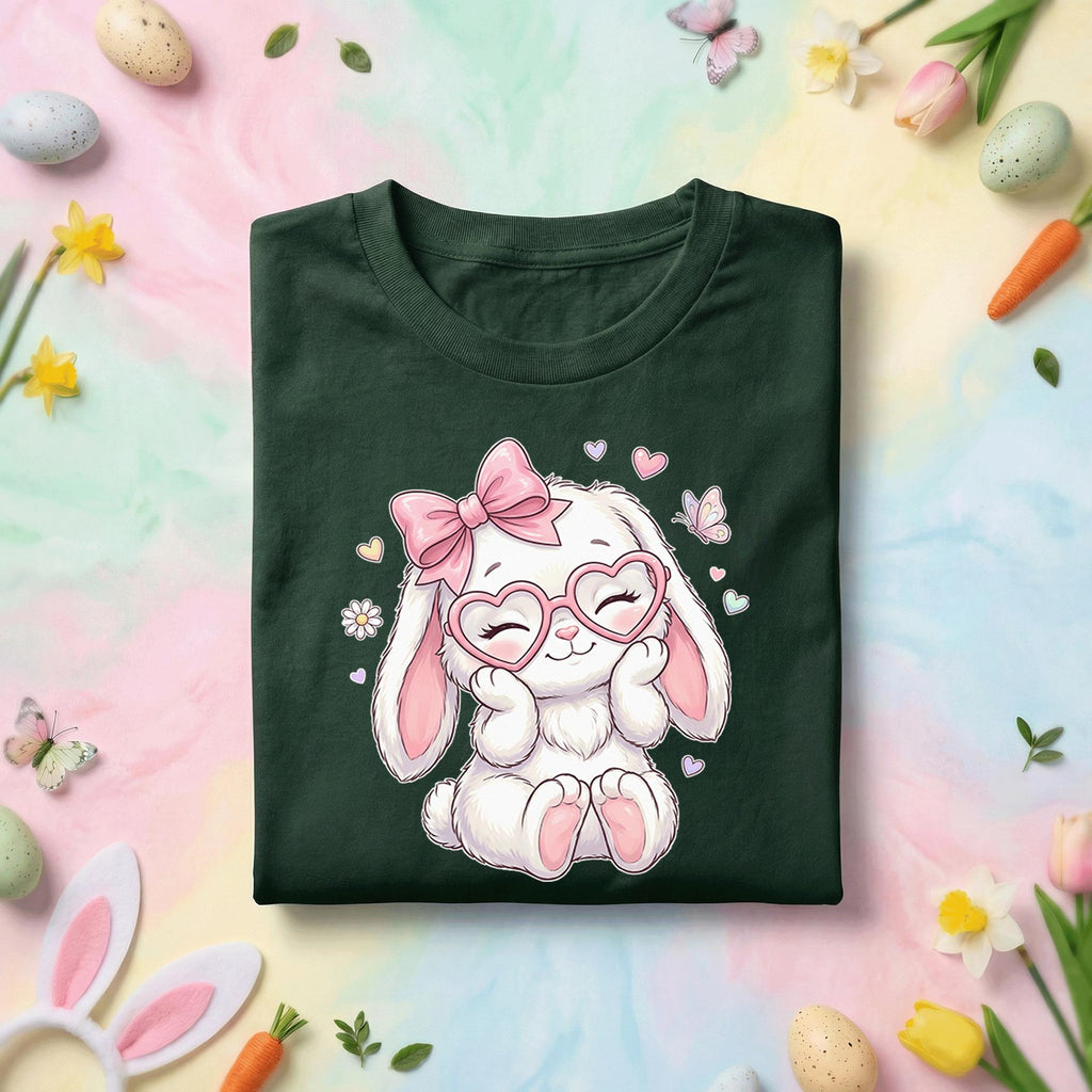 Cute Easter Bunny Shirt Women Girls, Pink Bow & Heart Glasses Bunny Tee for Kids snd Adults