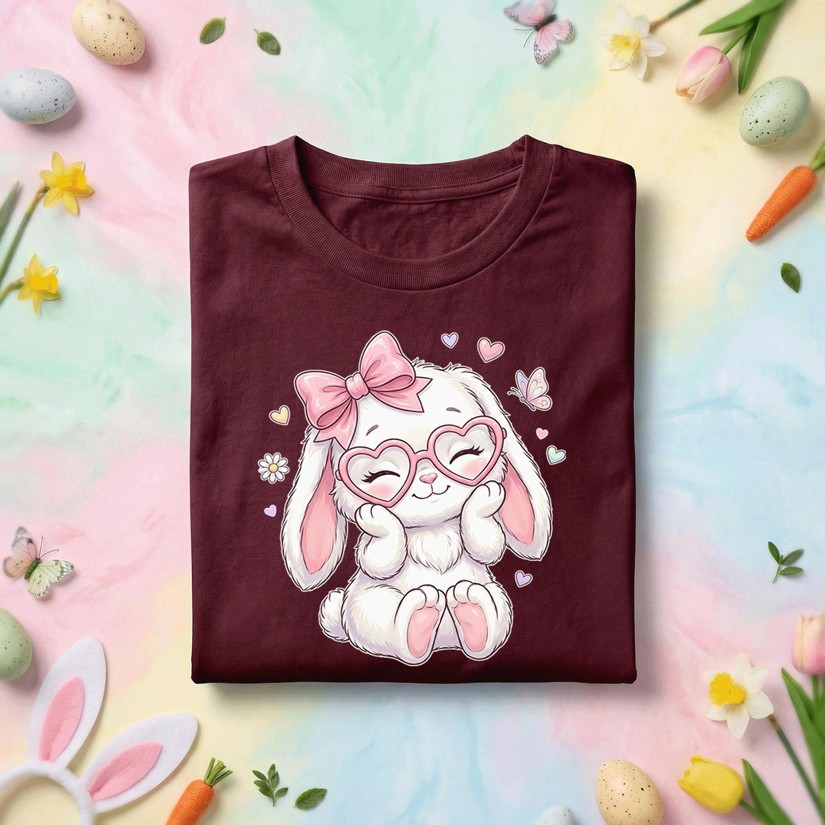 Cute Easter Bunny Shirt Women Girls, Pink Bow & Heart Glasses Bunny Tee for Kids snd Adults