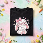 Cute Easter Bunny Shirt Women Girls, Pink Bow & Heart Glasses Bunny Tee for Kids snd Adults