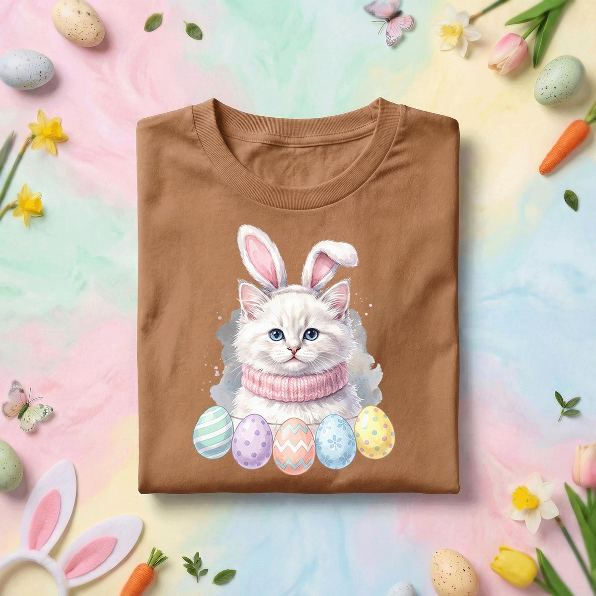 Cute Easter Bunny Cat Shirt, Kitten With Bunny Ears Easter Tee, Pastel Easter Eggs Cat Lover Shirt, Spring Holiday Graphic Tee Gift