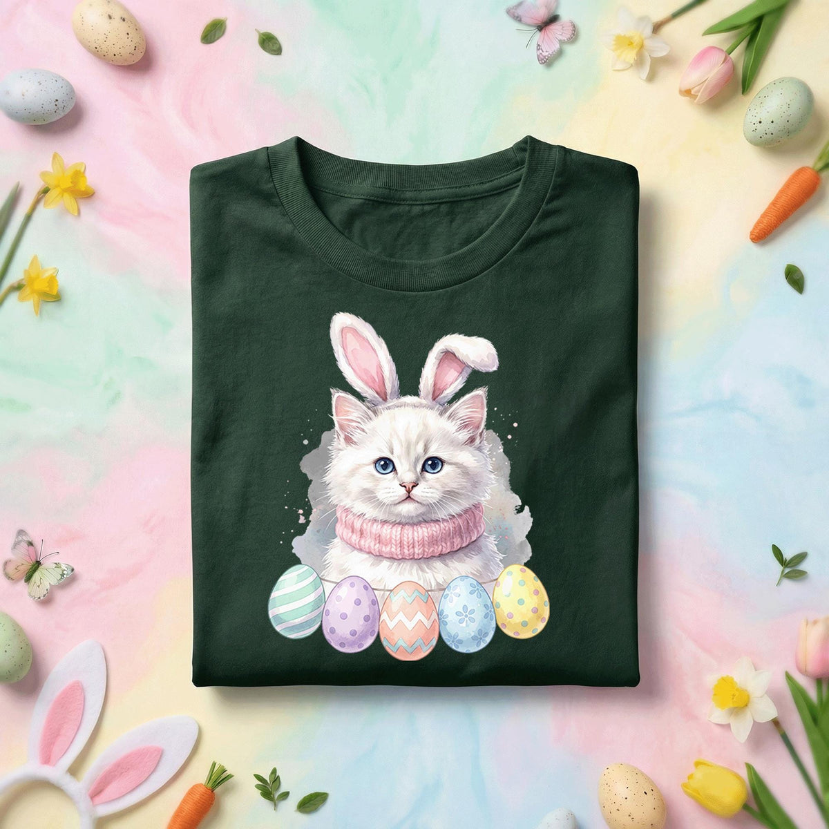 Cute Easter Bunny Cat Shirt, Kitten With Bunny Ears Easter Tee, Pastel Easter Eggs Cat Lover Shirt, Spring Holiday Graphic Tee Gift