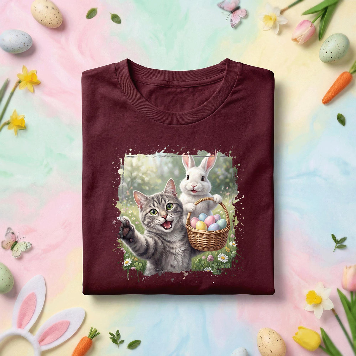 Cute Easter Cat and Bunny Shirt, Easter Egg Basket Cat Lover Tee, Funny Spring Easter Bunny Graphic Shirt, Cat Lover Holiday Gift Tee
